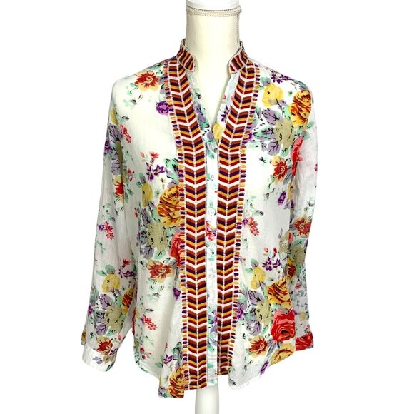 Floral Embroidered Boho Cottagecore Blouse 100% Cotton Lightweight L Romantic - Picture 1 of 11
